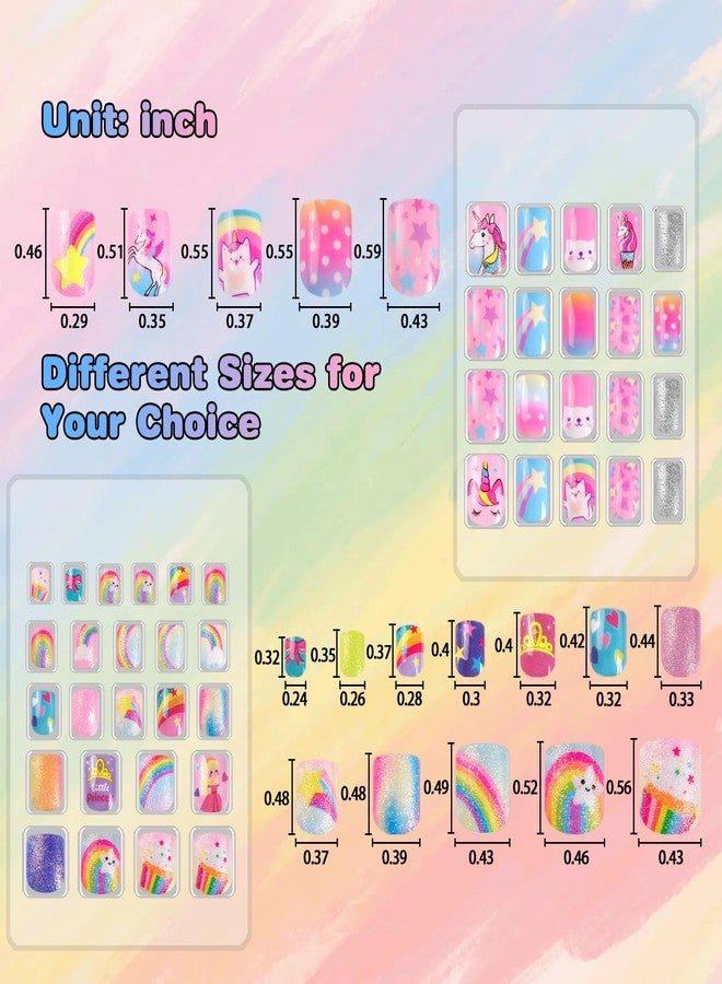 SIUSIO 6 Pack Press on Nails kids Children Acrylic Fake Nails Cute Pre-glue Full Cover Gradient Color Rainbow Short Stick On False Nail Art Kits Set for Kids Little Girls - Rainbow Dream - Image 4